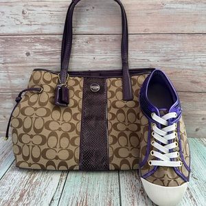 👟COACH Purple Sequence Shoes & Signature Stripe Python Tote Bag - Set 👜